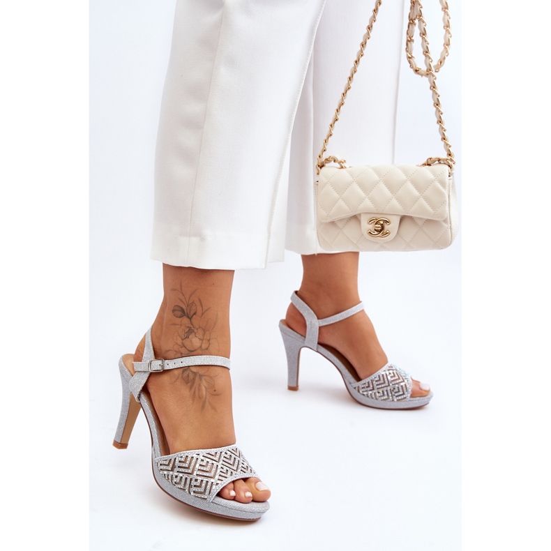 Sandale cu toc înalt decorate D&amp;A MR1038-44 Argintiu 2