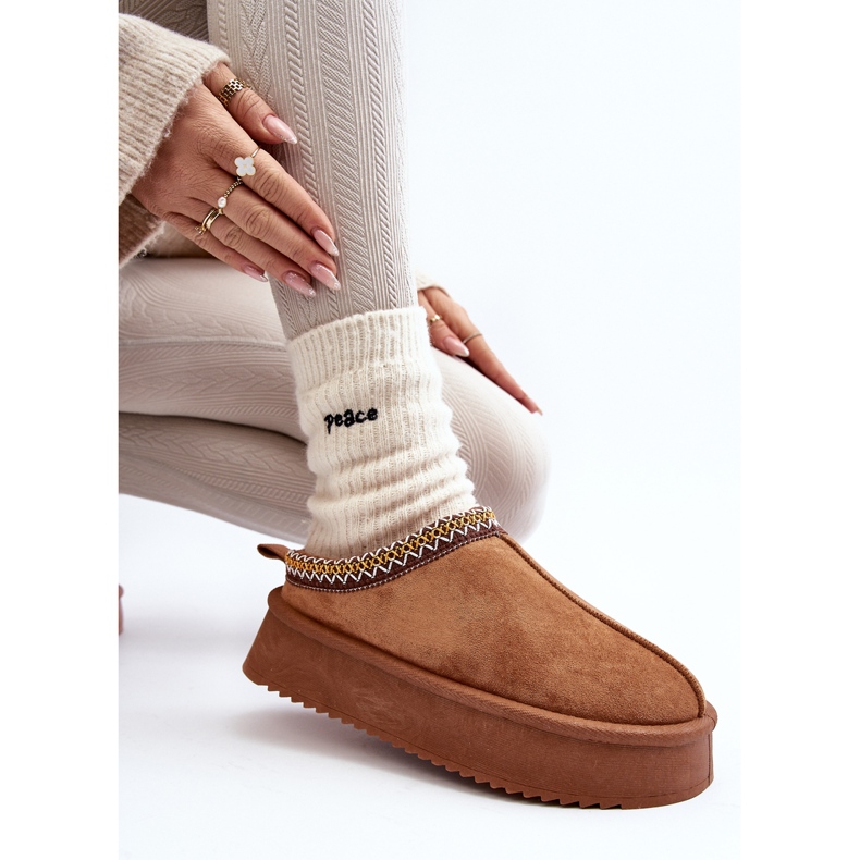 Papuci cu talpa groasa din piele ecologica Camel Sylva maro 2