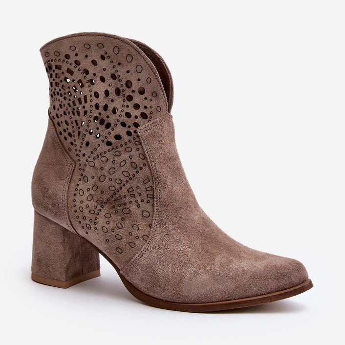 Zazoo 3166/P Cizme ajurate pentru femei cu toc, piele intoarsa, bej 1