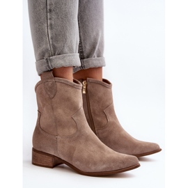 Ghete de cowboy din piele intoarsa Zazoo 3329 Cappucino cu tocuri joase bej 1