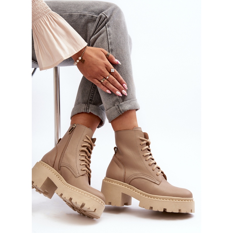 Botine Zazoo 3413 pentru femei de muncitor din piele, cu tocuri masive, bej 1