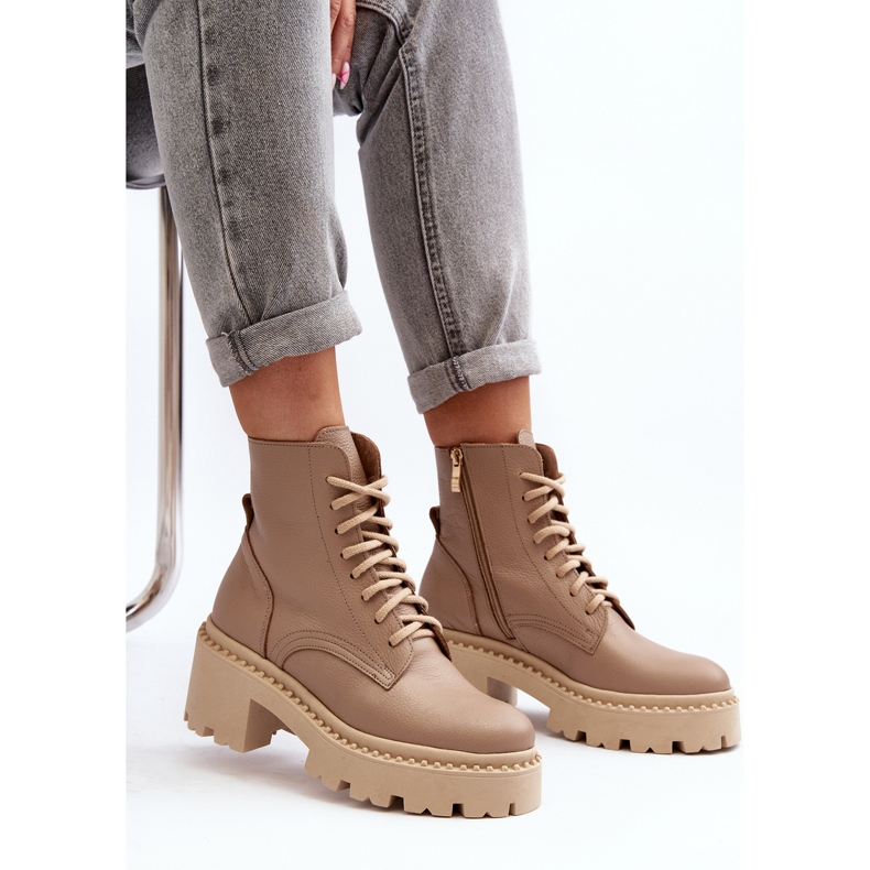 Botine Zazoo 3413 pentru femei de muncitor din piele, cu tocuri masive, bej 2