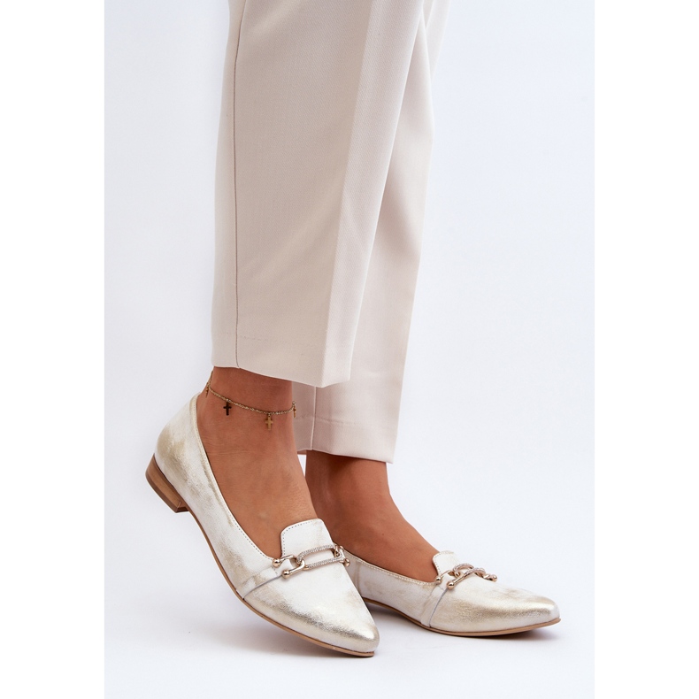 Balerini din piele Zazoo 2885 cu decor auriu și alb de aur 2