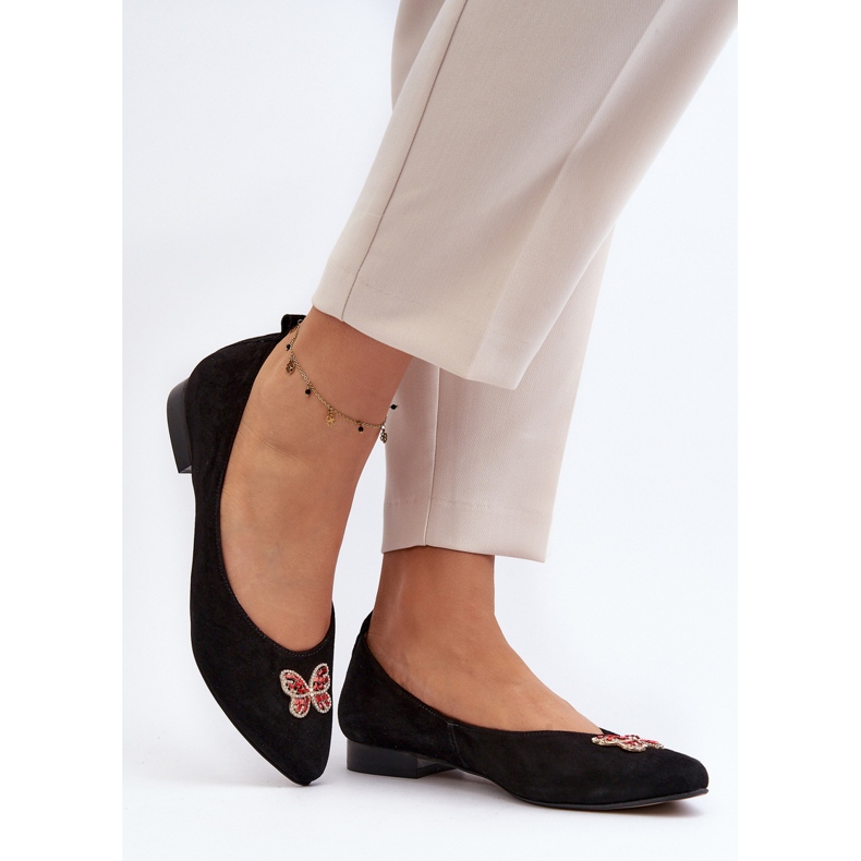 Zazoo 2887 Balerini din piele intoarsa cu fluture decorativ, negru 2
