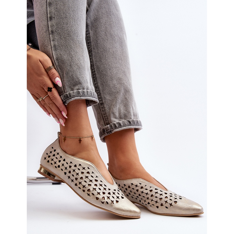 Zazoo 2883 Pantofi de balerina ajurata din piele naturala, auriu de aur 1