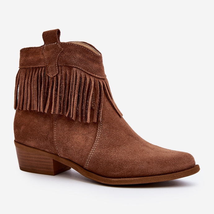 Botine de damă Zazoo 3430 din piele intoarsa cu franjuri camel maro 1
