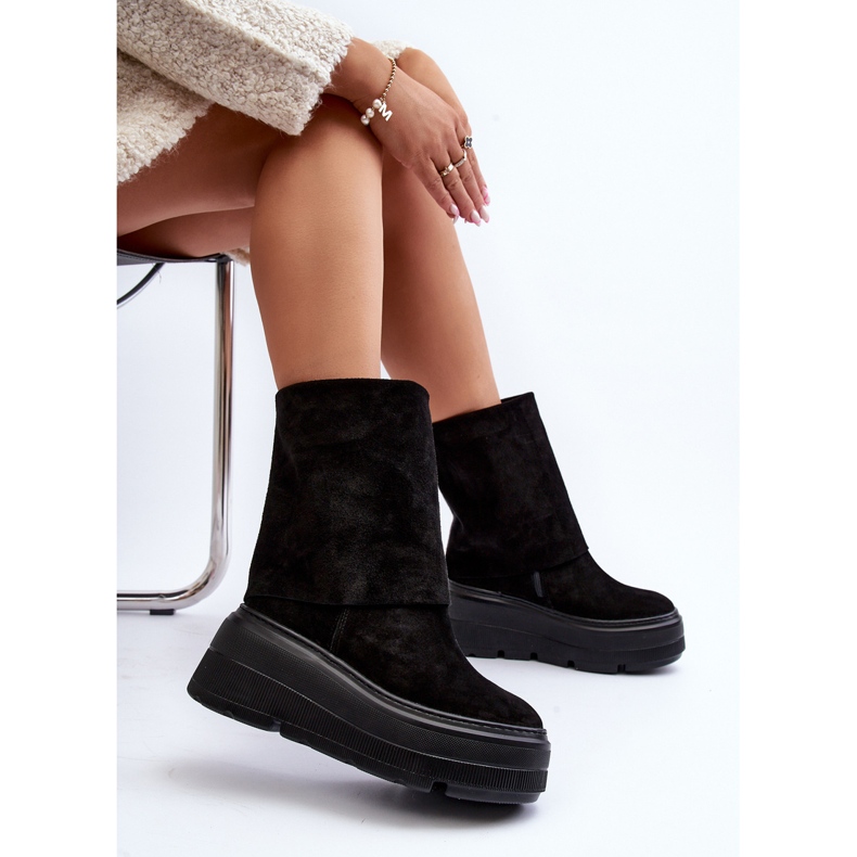 Botine pentru femei Zazoo 3410 din piele intoarsa pe o platforma masiva, neagra negru 1