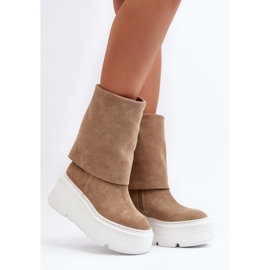 Botine pentru femei Zazoo 3410 din piele intoarsa pe o platforma masiva, bej 2