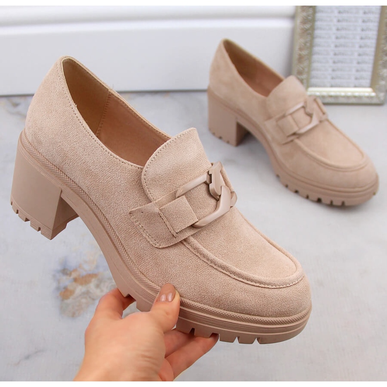 Pantofi de dama, mocasini de piele intoarsa pe toc inalt si platforma, bej Vinceza 10921 1