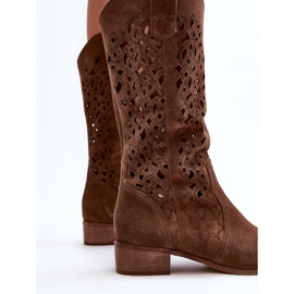 Cizme de damă ajurate Zazoo 3403 maro cu tocuri joase 2