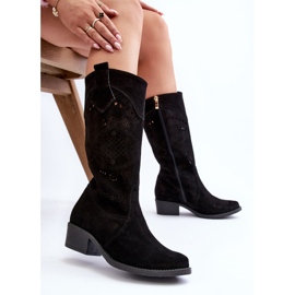 Cizme cu toc ajurat Zazoo 4043 din piele intoarsa negru 1