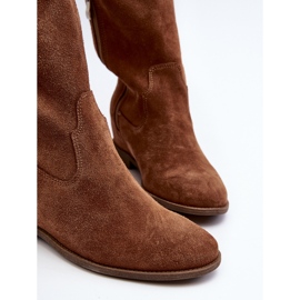 Zazoo 3407 Cizme de piele intoarsa pana la genunchi cu tocuri plate camel maro 2