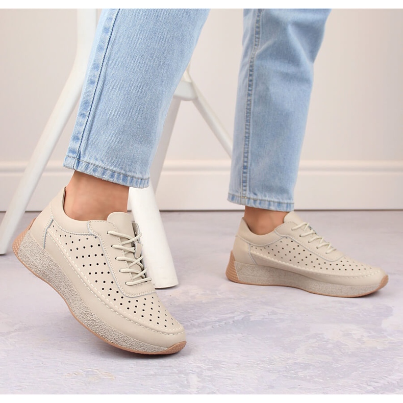 Pantofi dama din piele ajurata, bej, Sergio Leone SP013 2