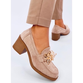 Mocasini Lorenz Camel cu toc inalt cu pietre bej 2