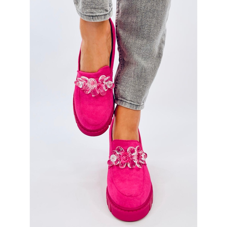 Mocasini cu toc inalt Nadina Fuchsia cu pietre roz 1