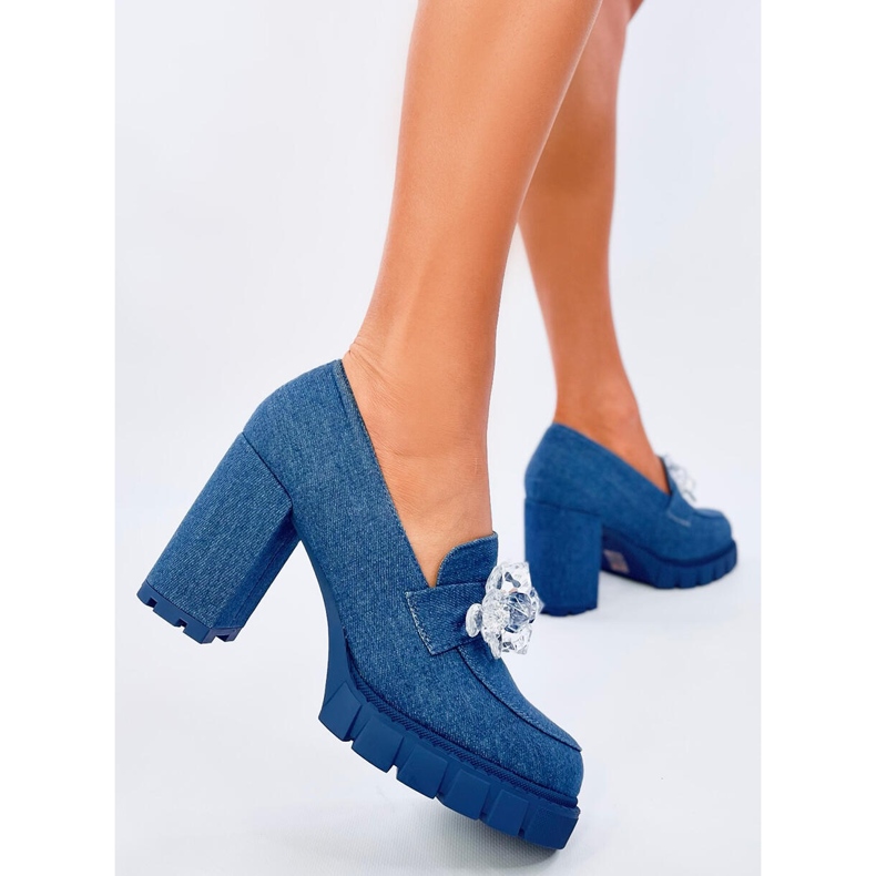 Mocasini cu toc inalt Nadina Blue cu pietre albastru 2