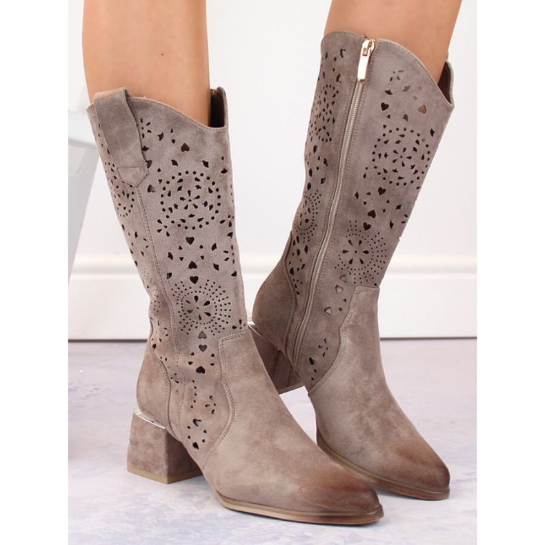 Cizme ajurate Potocki W WOL210B piele intoarsa, bej 1