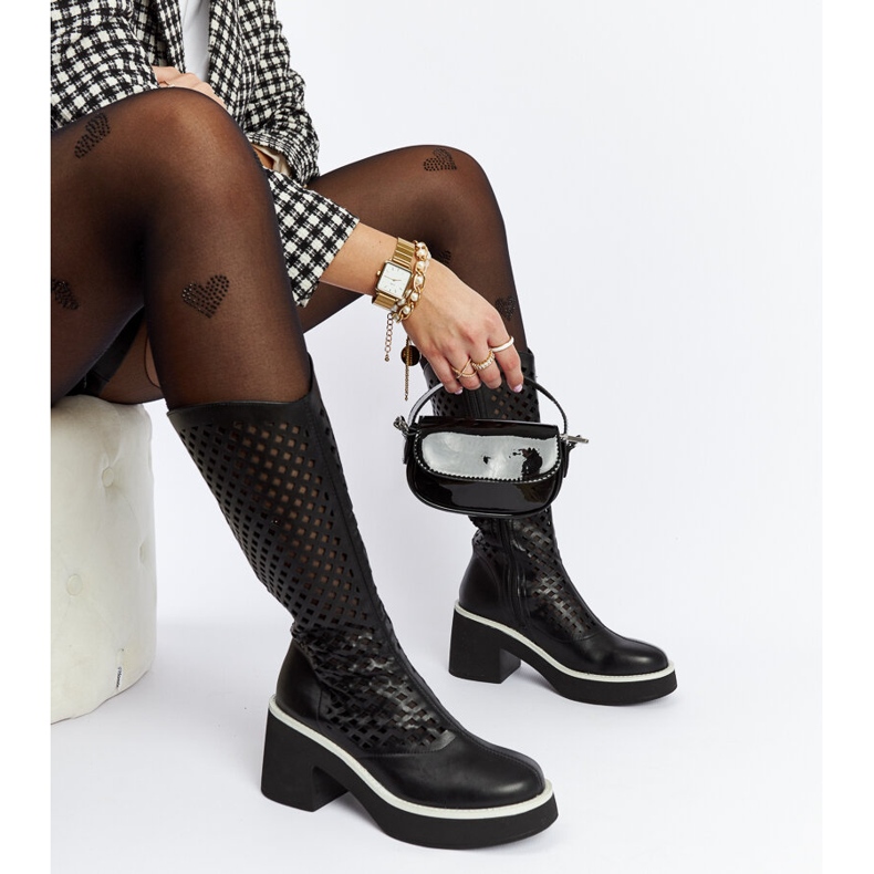 Cizme negre ajurate Anahola cu toc înalt negru 2