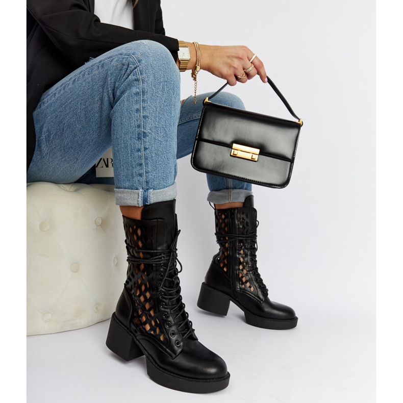 Cizme negre ajurate Visalia cu toc înalt negru 1 Cizme negre ajurate Visalia cu toc înalt negru 1