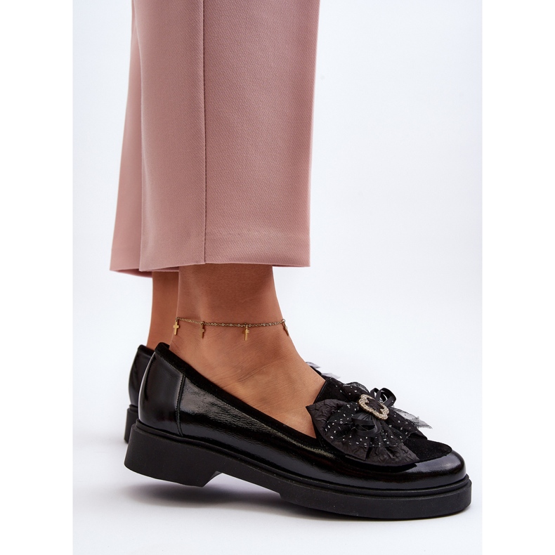 Mocasini de dama din piele lacuita cu fundita Laura Messi 2786 negru 1