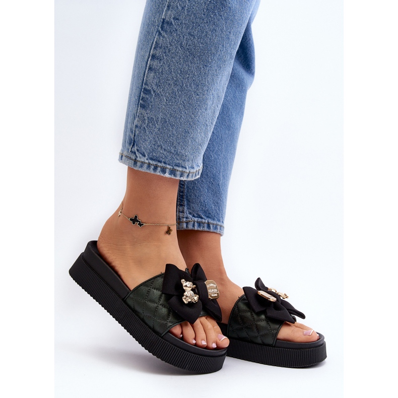 Flip-flops negri de damă cu fundă și ursuleț Katterina negru 2