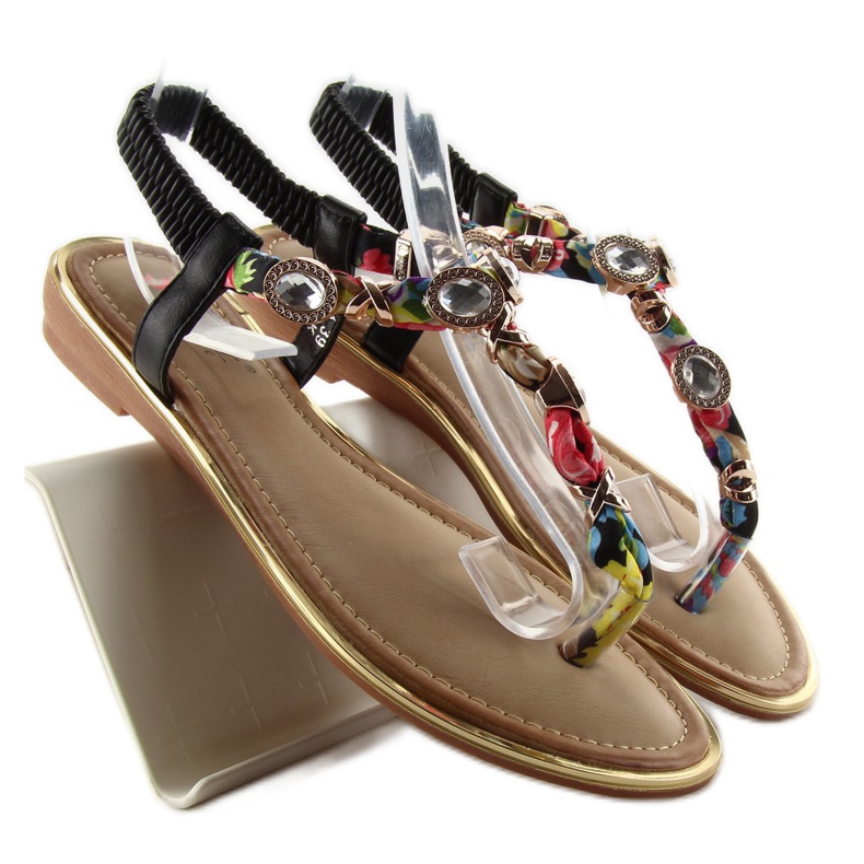 Flip-flops cu pietre C63 negru verde galben roșu 1