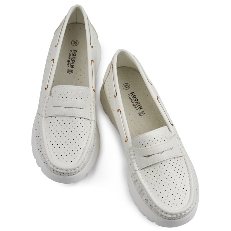 Mocasini confortabili de dama, albi, ajurati, cu brant din piele 1 Mocasini confortabili de dama, albi, ajurati, cu brant din piele 1