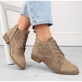 Botine ajurate dama din piele intoarsa cu toc jos, bej Jezzi ASA142-45 1
