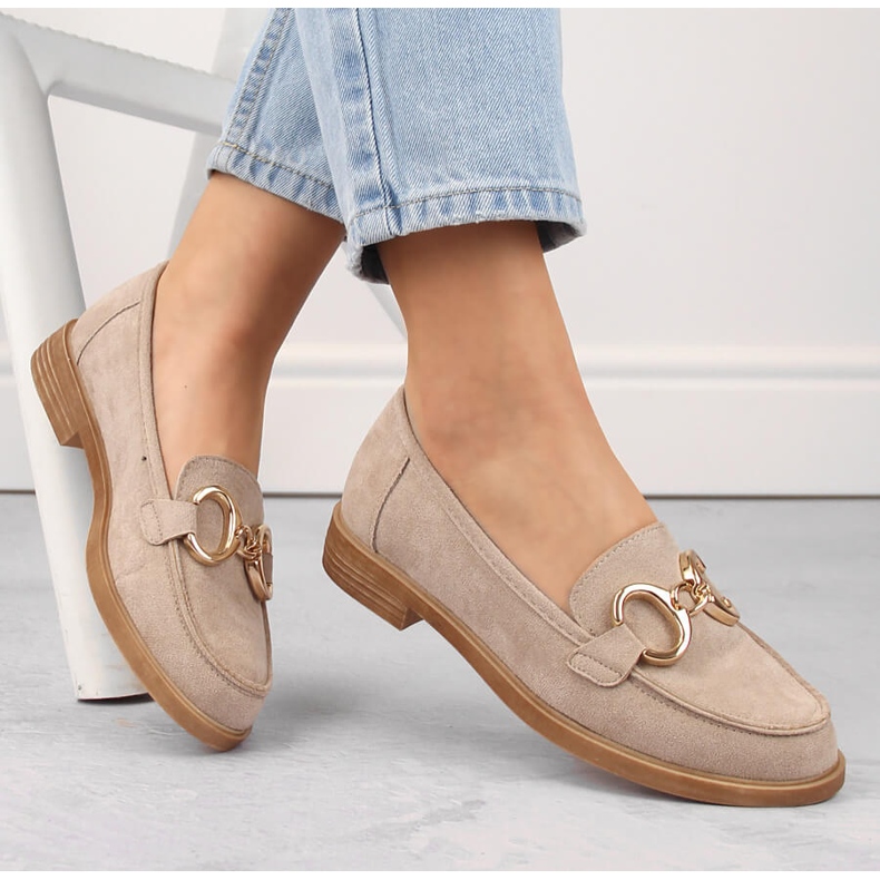 Pantofi dama din piele intoarsa, mocasini cu toc jos, bej Vinceza 58235 1