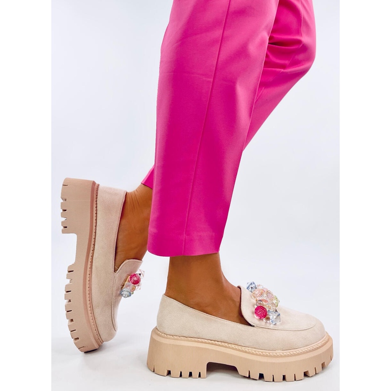 Mocasini cu platforma Stefani Beige cu pietre bej 2