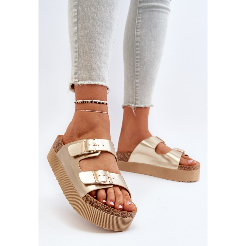 Flip-flops de damă cu platformă cu catarame Lolpey aurii de aur 2 Flip-flops de damă cu platformă cu catarame Lolpey aurii de aur 2