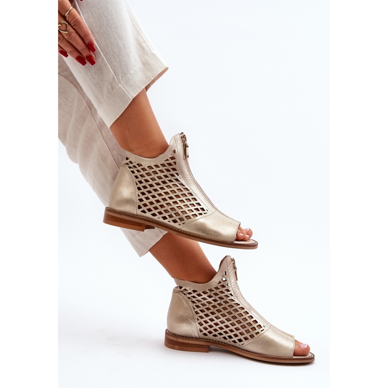 Sandale Zazoo 977/L Piele Ajurata Cu Fermoar, Auriu de aur 1