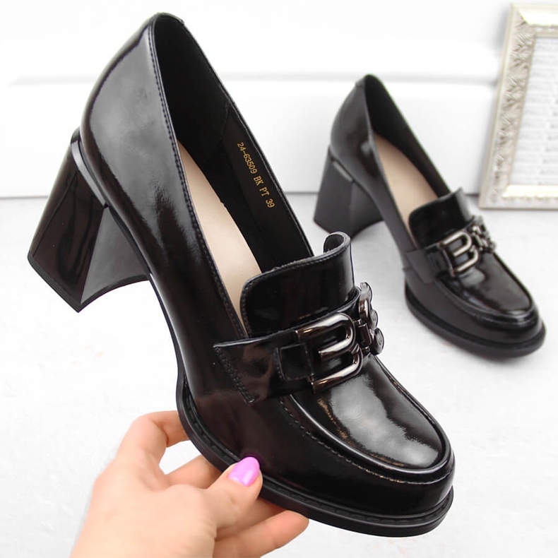 Pantofi cu toc de damă din piele lăcuită, negru, Vinceza 63509 1