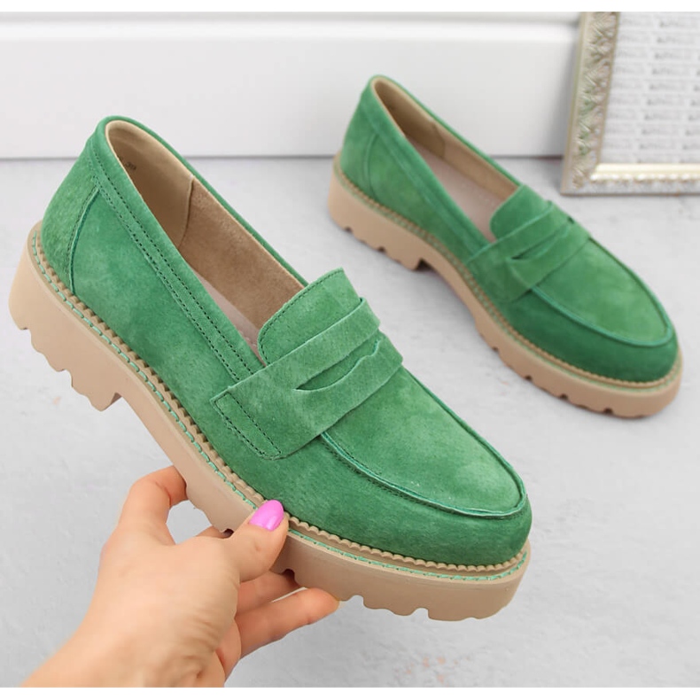 Pantofi de piele intoarsa pentru femei, mocasini verzi Filippo DP6090 verde 1