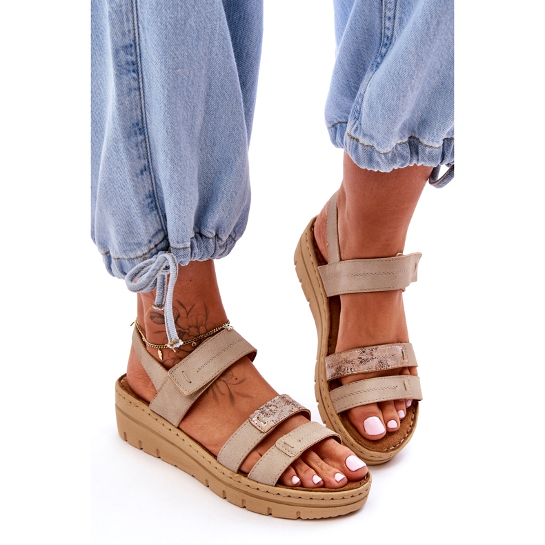 Vinceza Sandale de damă din piele cu velcro, bej 2