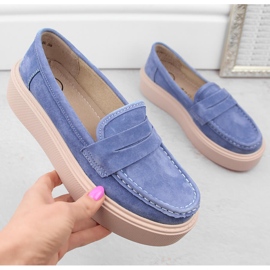 Pantofi din piele intoarsa, mocasini de dama pe platforma, albastru Filippo DP6152 1