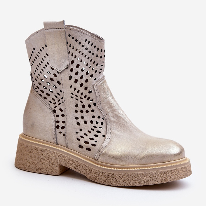 Botine pentru femei Zazoo 3470 din piele cu toc plat, ajurata, auriu periat de aur 2