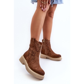 Ghete de damă Zazoo 3470 din piele intoarsa cu toc plat, maro ajurata 2