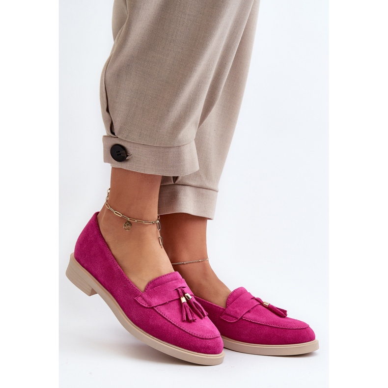 Mocasini Zazoo 3420 de damă din piele intoarsa cu toc plat Fuskja roz 2