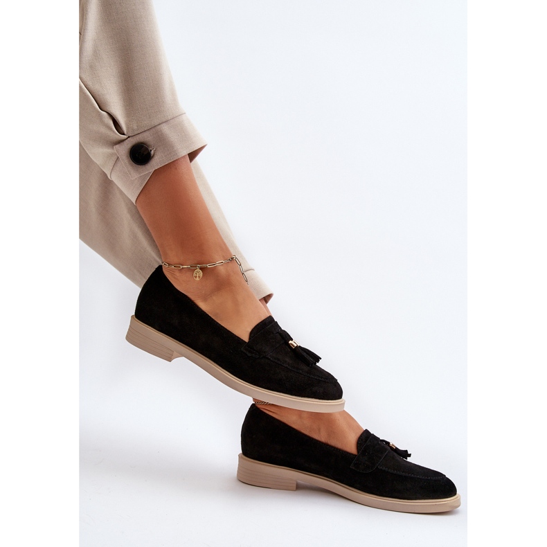 Mocasini Zazoo 3420 pentru dama, din piele intoarsa, cu toc plat, negru 1