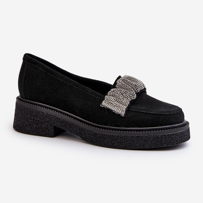 Zazoo 3419 Mocasini de damă din piele intoarsa cu o curea decorativa, negru 2