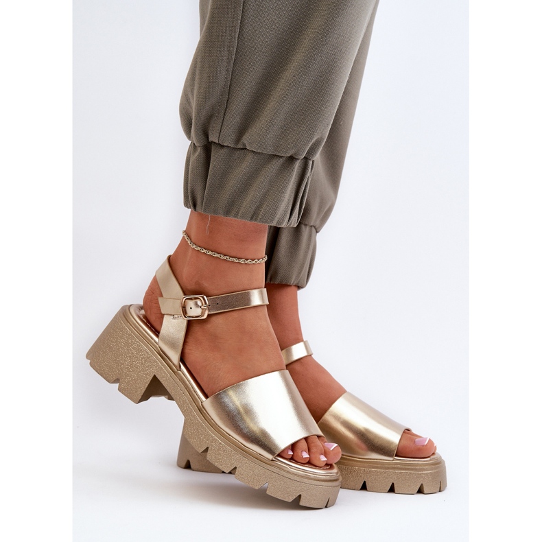 Sandale de damă cu toc gros, Dottiassa auriu de aur 2