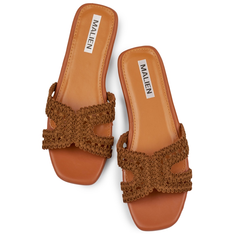 Slapi de damă maro din dantelă cu talpă plată 1 Slapi de damă maro din dantelă cu talpă plată 1