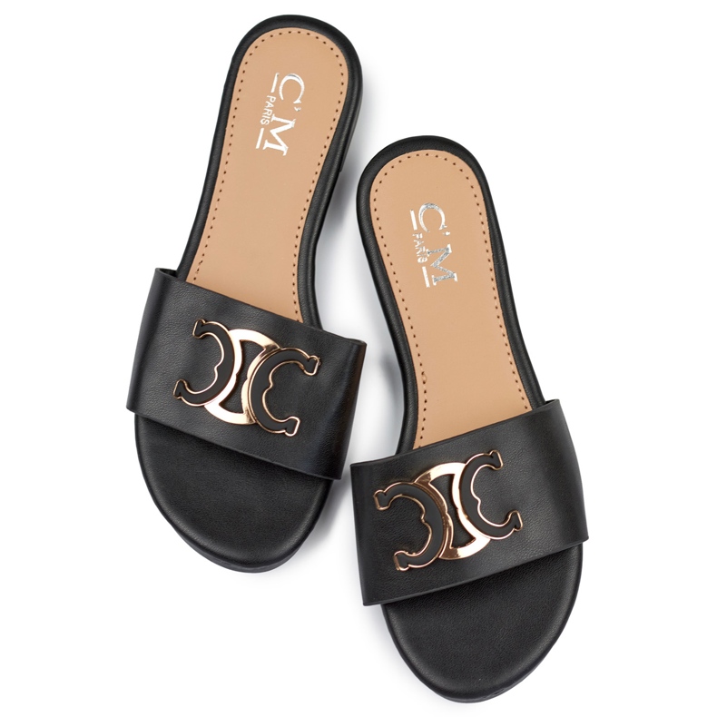 Flip-flops de dama eleganti negri cu decor negru 1