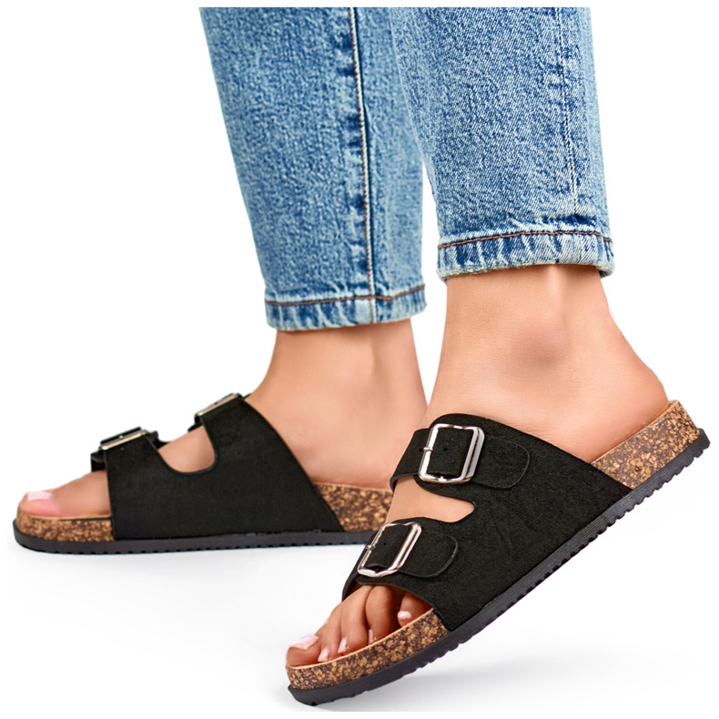 Flip-flops de damă de culoare neagră cu două catarame negru 2 Flip-flops de damă de culoare neagră cu două catarame negru 2