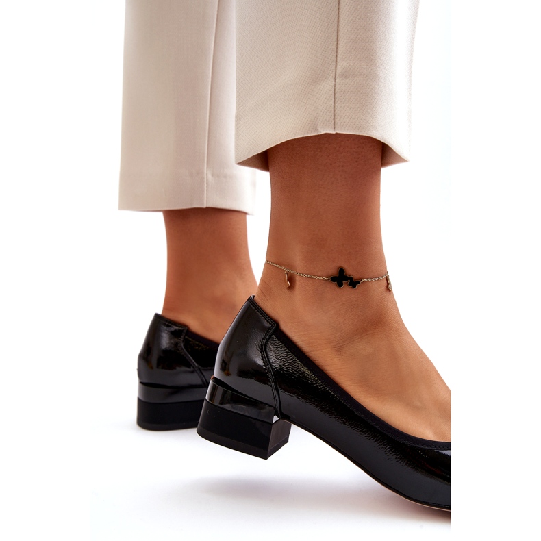 Vinceza Pompi din piele lacuita cu fundita pe bloc, negru 5