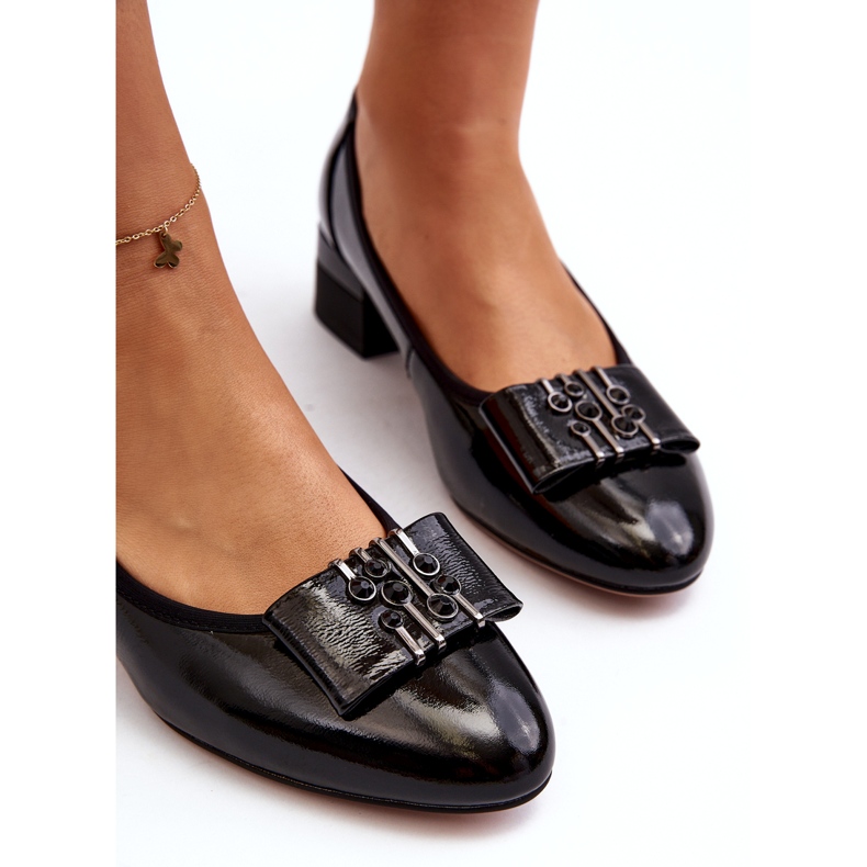 Vinceza Pompi din piele lacuita cu fundita pe bloc, negru 3