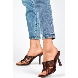 Flip-flops cu toc inalt, slapi de dama eleganti, flexibili cu toc maro cu toc inalt 4