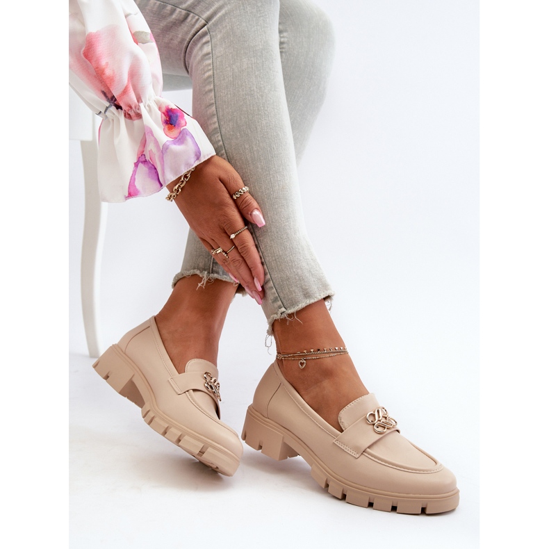 Mocasini Eleganti De Dama Bej Cu Decorat Auriu Tosisa 1