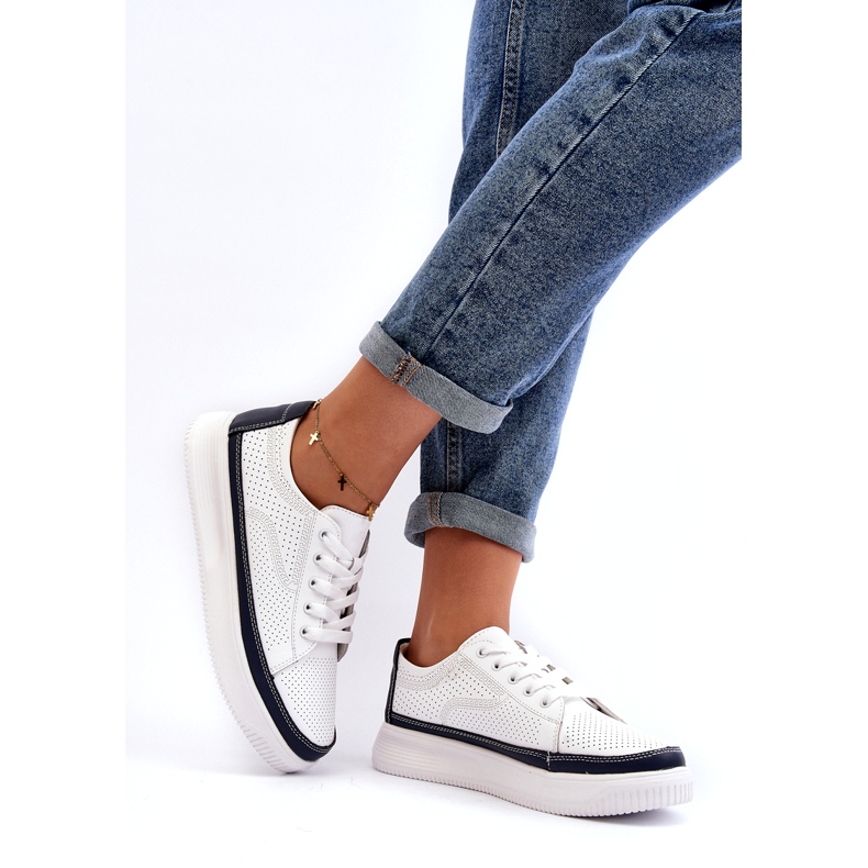 Sergio Leone Pantofi sport de damă din piele, pantofi sport, alb și bleumarin 1